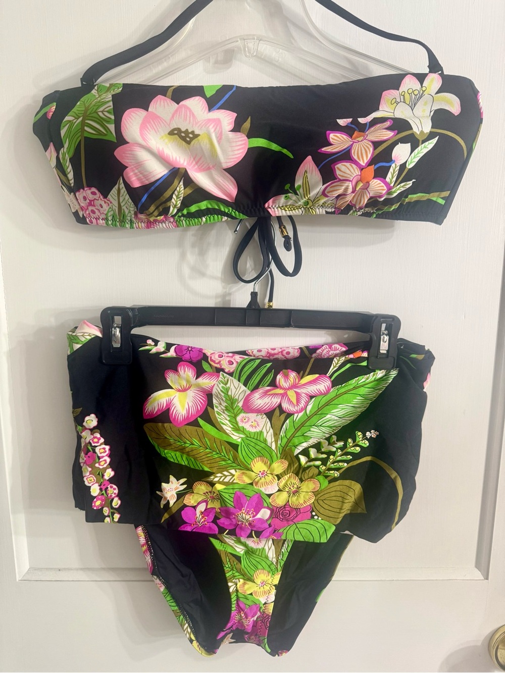 Trina Turk Black Floral Bandeau Bikini with Pink & Green Accents